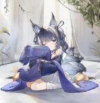  1girl absurdres aged_down animal_ears armpit_crease azur_lane bare_shoulders blue_eyes blue_hair blue_kimono blue_ribbon child closed_mouth commentary_request curtains detached_sleeves flantia fox_ears fox_tail from_side full_body hair_ribbon highres hugging_object japanese_clothes kimono kitsune kyuubi light_smile long_sleeves looking_at_viewer manjuu_(azur_lane) multiple_tails one_eye_closed pillow pillow_hug pleated_skirt ribbon shinano-chan_(azur_lane) sitting skirt solo tabi tail two_side_up wariza white_skirt wide_sleeves window 
