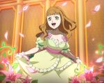 1girl bare_shoulders black_clover black_clover_m:_rise_of_the_wizard_king bracelet breasts cleavage dress earrings frilled_dress frills gloves green_dress green_eyes green_gloves jewelry mimosa_vermillion official_alternate_costume official_art open_mouth orange_hair pearl_bracelet pink_petals solo 