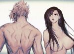  1boy 1girl back breasts cloud_strife completely_nude dangle_earrings earrings final_fantasy final_fantasy_vii final_fantasy_vii_remake hair_over_breasts jewelry large_breasts linono looking_at_another median_furrow monochrome muscular muscular_male nude simple_background spiked_hair tifa_lockhart upper_body 