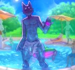 absurd_res anthro blush bulge clothing crowd domestic_cat embarrassed eyes_closed felid feline felis genitals gesture glans group hi_res male mammal nolan_(nolansnsfw) nolansnsfw penis pool pool_party poolside public smile solo swimming_pool swimming_trunks swimwear translucent translucent_clothing underwear vein veiny_penis waving waving_at_viewer waving_hand wet wet_clothing wet_underwear