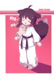  1girl 1other =_= absurdres ahoge animal_ear_fluff animal_ears artist_name barefoot belt black_belt black_hair border chinese_commentary commentary_request disembodied_limb dot_nose dougi fangs full_body highres kuma-bound low_twintails martial_arts_belt medium_hair open_mouth original pants red_background smile standing tail tickling tickling_face toes twintails white_border white_pants 
