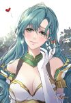  1girl aqua_hair armor bare_shoulders bow braid breasts chloe_(fire_emblem) cleavage commentary fire_emblem fire_emblem_engage gloves green_eyes hair_between_eyes hair_bow hand_up heart highres large_breasts long_hair looking_at_viewer orange_bow shoulder_armor smile solo umi_(_oneinchswing) upper_body very_long_hair white_gloves 