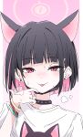  1girl :p animal_ears black_hair blue_archive cat_ears cat_girl colored_inner_hair commentary_request halo ixy kazusa_(band)_(blue_archive) kazusa_(blue_archive) multicolored_hair official_alternate_costume pink_background pink_hair pink_halo red_eyes shirt solo tongue tongue_out two-tone_hair upper_body white_shirt 
