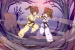  2girls ahoge animal_ears artist_name bare_tree barefoot bear_ears bear_girl belt black_belt brown_belt chinese_commentary clenched_hand commentary_request dougi dragon_girl fang full_body highres horns karate kuma-bound low_twintails martial_arts_belt medium_hair multiple_girls one_eye_closed open_mouth original outdoors pants punching red_eyes sweat tail tree twintails white_pants yellow_pants 