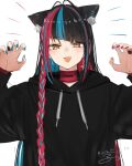  1girl animal_ear_fluff animal_ears black_hair black_hoodie blue_hair blue_nails braid cat_ears claw_pose collar diagonal_bangs fangs hands_up harusaruhi highres hood hood_down hoodie isshiki_(ffmania7) kamitsubaki_studio kemonomimi_mode long_hair looking_at_viewer multicolored_hair multicolored_nails open_mouth red_collar red_hair red_nails side_braid signature smile solo upper_body v-shaped_eyebrows virtual_youtuber white_background yellow_eyes yellow_lips 