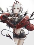  1girl absurdres aiv arknights black_shorts commentary crop_top demon_girl demon_horns demon_tail grey_hair highres horns jacket looking_at_viewer midriff short_hair short_shorts shorts simple_background smile solo tail w_(arknights) white_background wis&#039;adel_(arknights) 