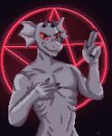  anthro claws digital_media_(artwork) gills grey_body hand_on_chest hi_res horn lizard male multi_horn neon_lights nude pepperoni_(artist) pixel_(artwork) red_eyes reptile satanic_symbol scalie smile solo space_station_13 star teeth unathi zink_shan 