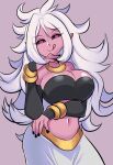  1girl absurdres android_21 baggy_pants bracelet breasts colored_sclera colored_skin dragon_ball dragon_ball_fighterz highres jewelry large_breasts long_hair looking_at_viewer majin_android_21 midriff missandydandy nail_polish navel pants pink_skin pointy_ears simple_background solo tongue tongue_out white_hair 