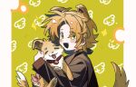  1boy animal animal_ears black_jacket blush_stickers commentary_request dog dog_boy dog_ears dog_tail fang holding holding_animal holding_dog jacket juezan_bailanren light_brown_hair long_sleeves male_focus medium_hair open_mouth pale_skin parted_bangs saibou_shinkyoku shinano_eiji smile tail tina_(saibou_shinkyoku) yellow_eyes 