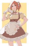  1girl absurdres alternate_costume apron border bow bowtie brown_bow brown_bowtie brown_dress brown_hair clipboard detached_collar dress enmaided hand_on_own_hip hibike!_euphonium highres holding holding_clipboard looking_at_viewer maid matarasu_(aaaaaaaaj) nakagawa_natsuki outside_border parted_bangs parted_lips plaid plaid_shirt ponytail purple_eyes shirt short_hair simple_background solo standing teeth upper_teeth_only white_border wrist_cuffs yellow_background yellow_shirt 