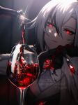  1girl alcohol arlecchino_(genshin_impact) black_eyes black_hair black_shirt coat cup drinking_glass english_text genshin_impact hair_between_eyes head_rest highres multicolored_hair portrait pouring red_lips red_pupils red_wine serious shaded_face shirt solo streaked_hair symbol-shaped_pupils twitter_username white_coat white_hair wine wine_glass x-shaped_pupils yggizn 