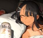  1girl absurdres alcohol bed_sheet beer black_hair blush brown_eyes can cerveza_victoria commentary english_commentary fang hair_between_eyes hair_ornament hairclip half-closed_eyes highres ijiranaide_nagatoro-san indoors jewelry khyle. limmy_waking_up_(meme) long_hair meme messy_hair nagatoro_hayase pillow portrait short_eyebrows stuffed_animal stuffed_rabbit stuffed_toy tan tanlines teddy_bear 