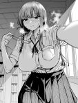  1girl armpit_peek blush bookshelf braid breast_pocket breasts collared_shirt dress_shirt glasses greyscale highres holding holding_removed_eyewear ice_reizou kabedon large_breasts library long_hair looking_at_viewer loose_neck_ribbon mole mole_under_mouth monochrome neck_ribbon original pleated_skirt pocket reaching reaching_towards_viewer ribbon school_uniform shirt short_sleeves single_braid skirt solo steaming_body sweat unworn_eyewear 