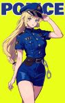  1girl bare_legs blonde_hair cuffs female_service_cap fire_emblem fire_emblem:_three_houses green_eyes handcuffs hat highres ingrid_brandl_galatea looking_at_viewer police police_badge police_hat police_uniform policewoman uniform yuurururun 