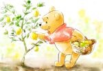  1boy basket bear black_eyes day food fruit furry highres holding holding_basket lemon licking_lips misoko outdoors pooh red_shirt shirt short_sleeves solo standing tongue tongue_out tree winnie_the_pooh 