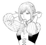  1girl braid corset elf facing_viewer greyscale highres monochrome mouth_hold nakahara_roku original parted_bangs pointy_ears ribbon ribbon_in_mouth short_hair solo upper_body 