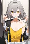  1girl absurdres ai-generated bathroom black_jacket blush breasts closed_mouth collarbone commentary_request crossed_bangs grey_hair hair_between_eyes hair_intakes hands_up highres holding holding_own_hair honkai:_star_rail honkai_(series) indoors jacket light_blush long_hair long_sleeves looking_at_mirror mirror off_shoulder open_clothes open_jacket parted_lips shirt sidelocks sink small_breasts solo standing stelle_(honkai:_star_rail) toothbrush toothbrush_in_mouth toothpaste trailblazer_(honkai:_star_rail) yellow_eyes yellow_shirt zero_(qingsongzero) 