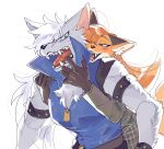  1boy 1girl animal_ears arm_strap blue_bodysuit blue_eyes blue_sclera body_fur bodysuit claws collared_bodysuit colored_sclera fox_ears fox_girl fox_tail furry furry_female furry_male grey_fur hair_over_one_eye hetero high_collar highres hug hug_from_behind long_hair looking_at_another looking_at_viewer open_mouth orange_fur orange_hair original precure rata_(norahasu) sharp_teeth simple_background sleeveless sleeveless_bodysuit smile_precure! studded_bracelet tail teeth upper_body white_background white_hair wolf_boy wolf_ears wolfrun 