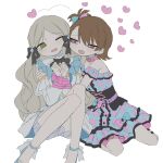  01sh110sush1 2girls @_@ asymmetrical_bangs bare_shoulders black_ribbon blush bound breasts brown_hair choker dot_nose dress fang flipped_hair fluffy_hair frilled_dress frills futami_ami hair_ribbon handa_roco heart heart-shaped_pupils highres hug idolmaster idolmaster_million_live! idolmaster_million_live!_theater_days kneeling legs_up light_brown_hair long_hair medium_hair multiple_girls official_alternate_costume one_eye_closed open_mouth own_hands_together parted_bangs pink_choker plaid plaid_dress ribbon ribbon_bondage side_ponytail simple_background sitting small_breasts sweat swept_bangs symbol-shaped_pupils tearing_up twintails very_long_hair wavy_hair wavy_mouth white_background white_dress yuri 