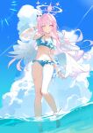  1girl absurdres alternate_costume bare_shoulders beach bikini blue_archive blue_bikini blue_sky blush breasts cloud collarbone day frills hair_between_eyes hair_ornament halo highres long_hair looking_at_viewer medium_breasts mika_(blue_archive) navel outdoors pink_eyes pink_hair r_aeel sky smile solo standing stomach swimsuit very_long_hair wading water wings 