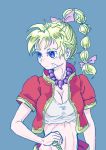  1girl blonde_hair blue_eyes breasts chrono_cross cleavage commentary_request groin high_ponytail jewelry kid_(chrono_cross) knife long_hair midriff multi-tied_hair necklace ponytail s-a-murai solo vest 