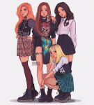  4girls animification black_choker black_footwear blackpink blonde_hair boots brown_hair choker earrings english_commentary hand_on_another&#039;s_shoulder hand_on_own_cheek hand_on_own_face highres itslopezz jennie_(blackpink) jewelry jisoo_(blackpink) k-pop light_brown_hair lisa_(blackpink) long_hair long_sleeves looking_at_viewer medium_hair multiple_girls profile real_life red_lips ring rose_(blackpink) shirt short_shorts shorts skirt squatting standing thighhighs very_long_sleeves white_shirt 