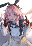  1boy absurdres astolfo_(fate) astolfo_(saber)_(fate) astolfo_(saber)_(third_ascension)_(fate) black_bow black_bowtie black_gloves black_ribbon blush bow bowtie double_v dress fate/grand_order fate_(series) gloves hair_bow hair_intakes highres juliet_sleeves long_hair long_sleeves looking_at_viewer low_twintails male_focus multicolored_hair nanado27_7 otoko_no_ko pink_hair puffy_sleeves purple_eyes ribbon smile solo streaked_hair twintails v white_hair wing_collar 