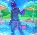 absurd_res anthro black_body bulge clothing crowd domestic_cat eyes_closed felid feline felis gesture group hi_res male mammal nolan_(nolansnsfw) nolansnsfw pawpads pool_party poolside public smile solo swimming_pool swimming_trunks swimwear translucent translucent_clothing underwear waving waving_at_viewer waving_hand wet wet_clothing wet_underwear