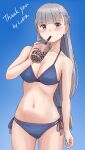  1girl arm_at_side artist_name ass_visible_through_thighs bikini blue_background blue_bikini blue_eyes blunt_bangs blush braid breasts bubble_tea cleavage commission cowboy_shot cup drink drinking_straw fingernails gradient_background grey_hair half_updo hand_up highres holding holding_drink lawine_(sousou_no_frieren) long_hair looking_at_viewer low-tied_long_hair medium_breasts navel side-tie_bikini_bottom simple_background skeb_commission solo sousou_no_frieren stomach straight_hair swimsuit syagare thank_you very_long_hair 