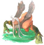  absurdres ahoge animal ass bird_legs biting blood claws completely_nude facial_mark fantasy feathered_wings feathers fish food_in_mouth frog grey_feathers harpy highres hinekure-boy hunting log long_hair monster_girl mouth_hold nude original talons tan thick_thighs thighs very_long_hair water white_hair wings yellow_eyes 