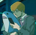  absurdres blonde_hair closed_mouth collared_shirt ekubo_(mob_psycho_100) grey_suit highres holding holding_stuffed_toy hugging_object ikea_shark jacket male_focus mob_psycho_100 necktie non-web_source pink_necktie reigen_arataka shirt short_hair stuffed_animal stuffed_shark stuffed_toy suit 