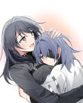  2girls black_bandages black_hair black_shirt blue_hair bright_pupils chief_(path_to_nowhere) closed_mouth collared_shirt commentary eyepatch female_chief_(path_to_nowhere) gradient_background grey_eyes head_on_chest hecate_(path_to_nowhere) hug long_hair multiple_girls one_eye_covered open_mouth path_to_nowhere pink_background sappazell shirt smile symbol-only_commentary upper_body white_background white_pupils white_shirt yuri 