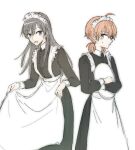  2girls apron black_dress black_hair blue_eyes blush brown_eyes closed_mouth commentary_request curtsey dress highres holding holding_tray koito_yuu long_hair long_sleeves looking_at_viewer maid maid_apron maid_headdress multiple_girls nanami_touko nyamo open_mouth orange_hair short_twintails simple_background smile sweatdrop tray twintails white_apron white_background yagate_kimi_ni_naru 