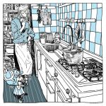  2boys apron blue_theme cooking cooking_pot cutting_board eating itowo_(itowc) kitchen loaded_interior monochrome multiple_boys one_piece sanji_(one_piece) shirt sink waist_apron 