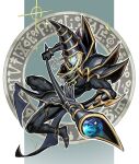  1boy armor black_armor black_hat blue_skin colored_skin dark_magician dark_magician_the_ebon_sorcerer duel_monster full_body gold_trim hat holding holding_staff long_hair looking_at_viewer magic_circle ringo_ringogoo shoulder_pads solo sparkle staff white_hair yu-gi-oh! 