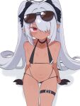  1girl :o absurdres belt bikini black_belt black_bikini black_gloves black_halo blue_archive breasts collarbone commentary eyewear_on_head gloves grey_hair hair_over_one_eye halo highres iori_(blue_archive) iori_(swimsuit)_(blue_archive) lk149 looking_at_viewer navel official_alternate_costume pointy_ears red_eyes small_breasts solo sunglasses swimsuit twintails 