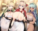  aqua_hair blonde_hair blue_eyes blush braid braided_sidelock breasts cleavage cloak dark-skinned_female dark_elf dark_skin dress drill_hair elf eltolinde_(unicorn_overlord) green_cloak green_eyes hair_intakes hair_ribbon highres kashiwamochi_yomogi large_breasts leotard long_hair motion_blur nipples pointy_ears purple_cloak ribbon rosalinde_(unicorn_overlord) scarlett_(unicorn_overlord) see-through see-through_dress siblings side_braids sisters smile unicorn_overlord variant_set very_long_hair wardrobe_malfunction white_leotard 