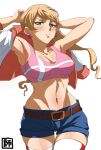  1girl armpits arms_up artist_logo atamadarurun bare_shoulders belt blonde_hair blue_shorts blush breasts brown_belt cleavage closed_mouth collarbone commentary_request cowboy_shot cropped_jacket denim denim_shorts earrings frown green_eyes groin gundam gundam_tekketsu_no_orphans heart heart_earrings highres jacket jacket_partially_removed jewelry lafter_frankland long_hair looking_at_viewer medium_breasts midriff navel open_clothes open_jacket pink_sports_bra short_shorts shorts sidelocks simple_background solo sports_bra standing swept_bangs thigh_gap thighhighs twintails white_background white_jacket white_thighhighs 