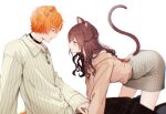  1boy 1girl all_fours animal_ears black_choker black_ribbon blonde_hair blush brother_and_sister brown_eyes brown_hair brown_shirt cat_ears cat_girl cat_tail choker collarbone collared_shirt commentary dog_ears grey_skirt highres jewelry kemonomimi_mode long_hair looking_at_another multicolored_hair neck_ribbon off-shoulder_shirt off_shoulder orange_hair parted_lips project_sekai ribbon ring rise_as_one!_(project_sekai) shinonome_akito shinonome_ena shirt short_hair siblings simple_background skirt smile streaked_hair symbol-only_commentary tail white_background yamaki_kai 
