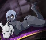 bone butt clothed clothing dark_elf drow elf eyeshadow female grey_body grey_hair hair hi_res humanoid humanoid_pointy_ears lipstick lying makeup on_front radvengence skull solo thong topless underwear white_hair yellow_eyes