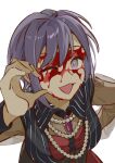  1girl :3 bang_dream! bang_dream!_it&#039;s_mygo!!!!! bead_necklace beads black_vest blood blood_on_face commentary half-heart_hands highres jewelry looking_at_viewer necklace one_eye_closed open_mouth purple_brooch purple_eyes purple_hair see-through see-through_sleeves short_hair simple_background solo upper_body vest white_background yui_k_(yuik48074789) 
