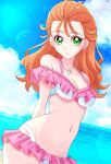  1girl bikini bikini_skirt blue_sky breasts cleavage cloud cowboy_shot day frilled_bikini frills green_eyes highres horizon long_hair momotarouooi natsuumi_manatsu navel ocean orange_hair outdoors pink_bikini precure sky small_breasts solo swimsuit tropical-rouge!_precure 