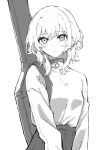  1girl absurdres bang_dream! bang_dream!_it&#039;s_mygo!!!!! blue_eyes breasts choker closed_mouth commentary_request cowboy_shot earrings greyscale heterochromia highres instrument_case instrument_on_back jewelry kaname_raana long_sleeves looking_at_viewer medium_hair monochrome nuruponnu pleated_skirt shirt shirt_tucked_in simple_background skirt small_breasts solo spot_color white_background wolf_cut yellow_eyes 