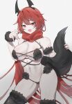  1girl bare_shoulders bikini black_bikini black_nails black_tail black_thighhighs breasts cleavage collarbone commentary_request cosplay cowboy_shot fang fate/grand_order fate_(series) fur-trimmed_legwear fur_armlet fur_bikini fur_cuffs fur_trim goddess_of_victory:_nikke hair_between_eyes hair_flaps hand_up highres horns large_breasts liar_(807645946) long_hair looking_at_viewer mash_kyrielight mash_kyrielight_(dangerous_beast) mash_kyrielight_(dangerous_beast)_(cosplay) mechanical_horns navel open_mouth red_hair red_hood_(nikke) red_scarf revealing_clothes scarf sidelocks simple_background skin_fang solo standing stomach swimsuit tail thighhighs very_long_hair white_background wolf_tail yellow_eyes 