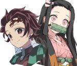  1boy 1girl absurdres bamboo bit_gag black_hair black_haori blush brother_and_sister brown_jacket checkered_haori closed_jacket closed_mouth commentary_request cropped_shoulders cropped_torso demon_slayer_uniform earrings gag gakuran green_haori hair_ribbon hanafuda_earrings haori highres jacket japanese_clothes jewelry kamado_nezuko kamado_tanjirou kimetsu_no_yaiba kimono long_hair looking_at_viewer looking_to_the_side nose obijime pink_eyes pink_kimono purple_eyes purple_hair purple_ribbon rauto ribbon scar scar_on_face scar_on_forehead school_uniform short_bangs short_hair siblings simple_background smile straight_hair white_background 