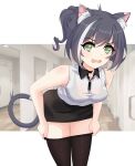  1girl absurdres animal_ear_fluff animal_ears bare_arms black_bra black_hair black_pantyhose black_skirt bra cat_ears cat_girl cat_tail clothes_pull collared_shirt cowboy_shot fang green_eyes highres karyl_(princess_connect!) leaning_forward maxwelzy multicolored_hair open_mouth pantyhose pantyhose_pull pencil_skirt ponytail princess_connect! see-through see-through_shirt shirt skirt sleeveless sleeveless_shirt solo streaked_hair surprised tail thighs underwear 