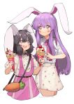  2girls :d alternate_costume animal_ears artist_name black_hair black_ribbon blush carrot_bag commentary_request cropped_legs dress floppy_ears floral_print food fruit highres holding holding_food holding_ice_cream ice_cream inaba_tewi long_hair looking_at_another medium_hair multiple_girls neck_ribbon pink_bag pink_dress pink_eyes pink_hair pink_nails pink_ribbon rabbit_ears rabbit_girl reisen_udongein_inaba ribbon shirt shirt_tucked_in simple_background skirt smile strawberry teeth touhou uchisaki_himari upper_teeth_only white_background white_shirt white_skirt 