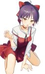  1girl absurdres blush bow breasts dress gegege_no_kitarou hair_bow hair_bun highres looking_at_viewer nekomusume nekomusume_(gegege_no_kitarou_6) open_mouth pointy_ears purple_hair red_bow red_dress seiza shirt short_hair single_hair_bun sitting sleeves_rolled_up small_breasts solo syhan thighs white_shirt yellow_eyes 