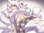  1girl animal_ears arctic_wolf_(kemono_friends) blush bow breasts curvy fang gloves hair_between_eyes highres kemono_friends kemono_friends_3 large_breasts long_hair looking_at_viewer midriff mo23 multicolored_hair navel pantyhose paw_pose plaid plaid_skirt plaid_trim skirt snowman tail toned_female white_hair wolf_ears wolf_girl wolf_tail yellow_eyes 