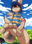  absurd_res alex_the_narehate anthro balls big_penis clothing earthbound_(series) feet foot_fetish foot_focus genitals hi_res low-angle_view made_in_abyss male narehate nintendo pawpads paws penis plant sky smug smugbuns solo teasing 